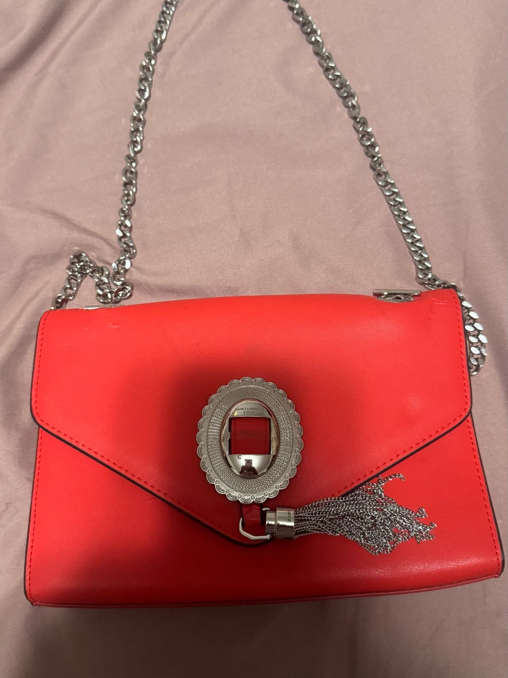 Yves Saint Laurent Red Leather Shoulder Bag with Silver Chain and Tassel
